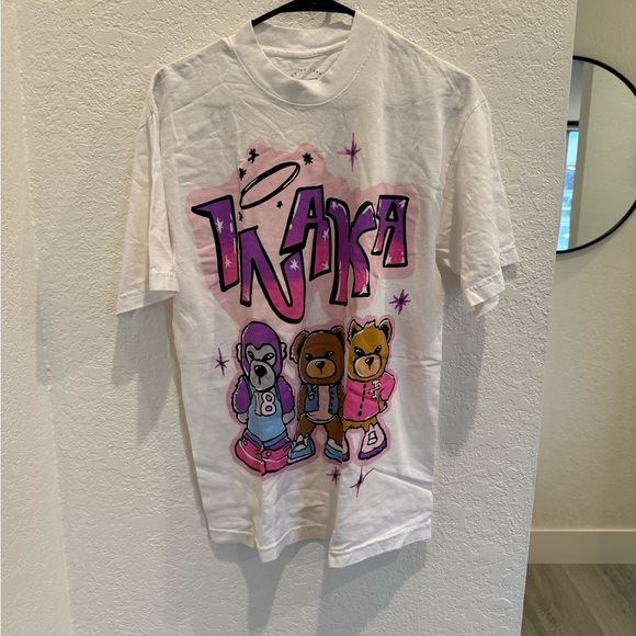 Inaka Power White Tee with Purple and Brown Bear Graphic - Picture 1 of 3
